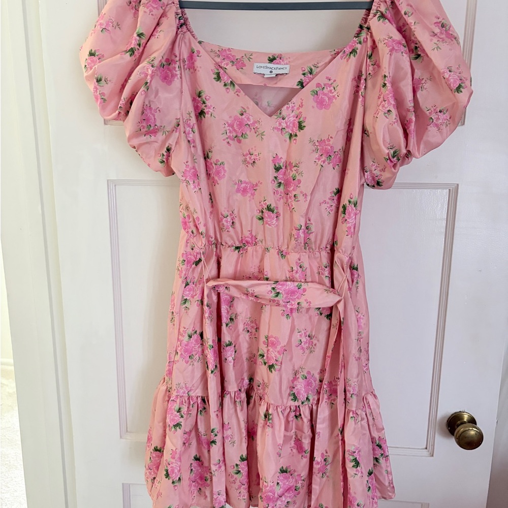 LoveShackFancy Pink Floral Puff Sleeve Dress